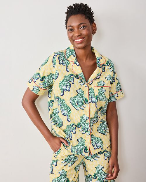 Organic Cotton Short-Sleeve and Cropped Pants Pajama Set in Tiger Queen | Women's XXS | Yellow