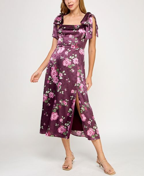 Rowa | Juniors' Satin Printed Fit & Flare Midi Dress - Purple | Realry