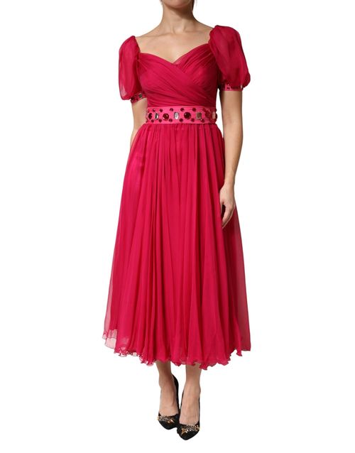 Silk Embellished A-Line Midi Dress — Red
