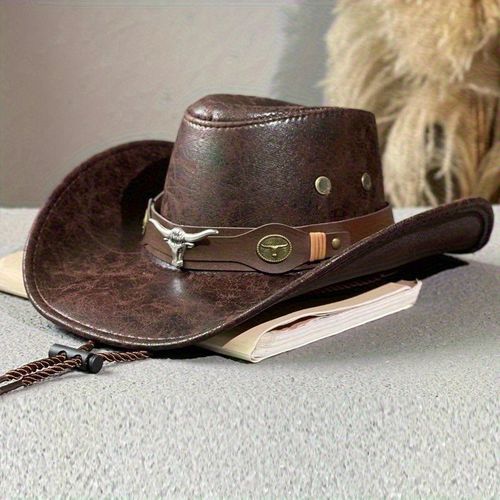 TEMU Men's Vintage Australian Western Cowboy Hat - Leather Sun Hat With Wide Brim, Brown/black/, For Western, Ranch, Themed Events - Durable