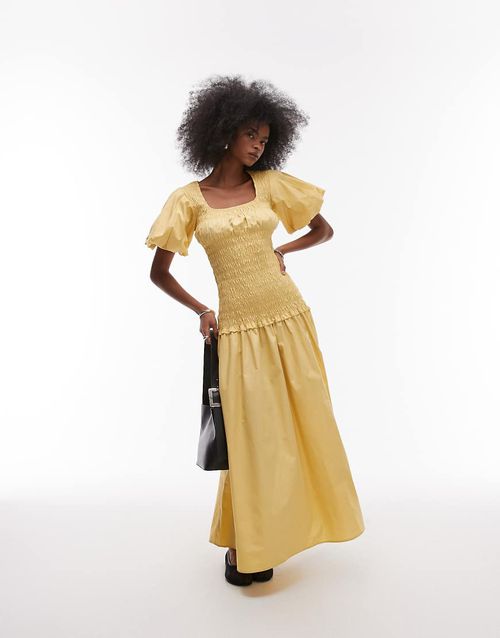 Topshop puff sleeve square neck shirred maxi dress in buttermilk-White