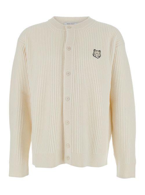 Logo-Embroidered Merino Wool Cardigan — Beige