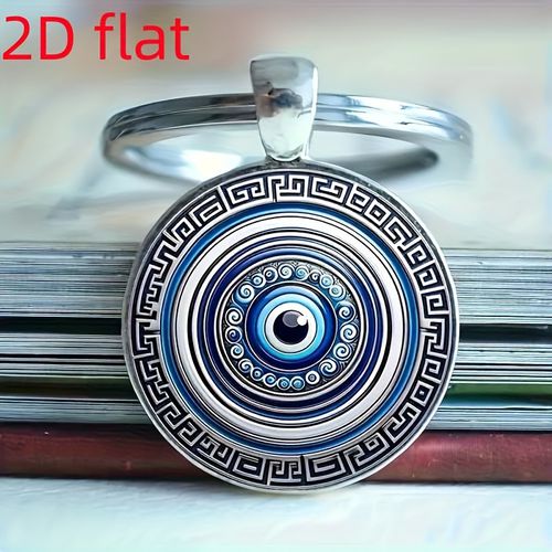 TEMU 2d Flatretro Blue Evil Eye Keychain - Alloy, Fashionable Round Design For Men - Perfect Housewarming Or Friendship Gift, 2d Flat