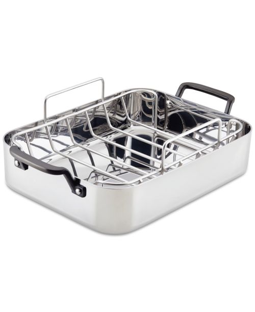 "5-Ply Clad Stainless Steel 15"" x 11.5"" Roaster with Removable Rack - Polished Stainless Steel"