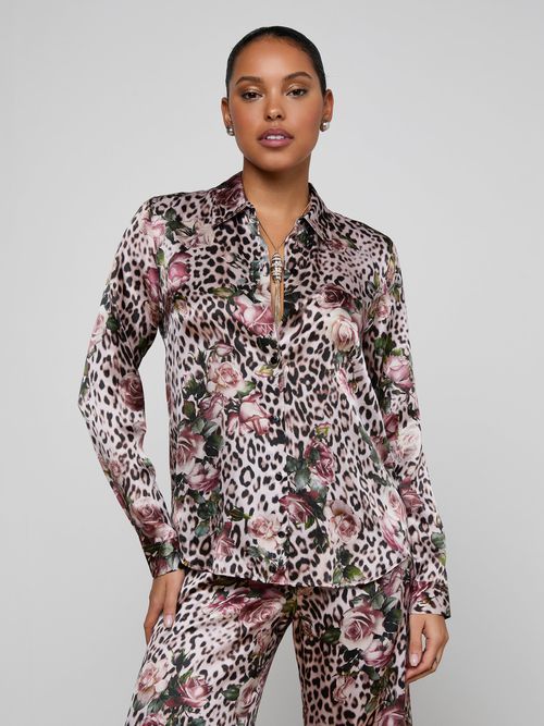 Tyler Silk Blouse Top In Multi Small Rose Cheetah