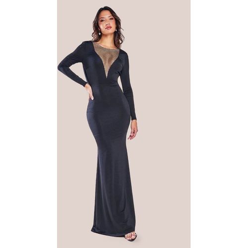 Goddiva Diamante Fishnet Cowl Back Maxi - Black