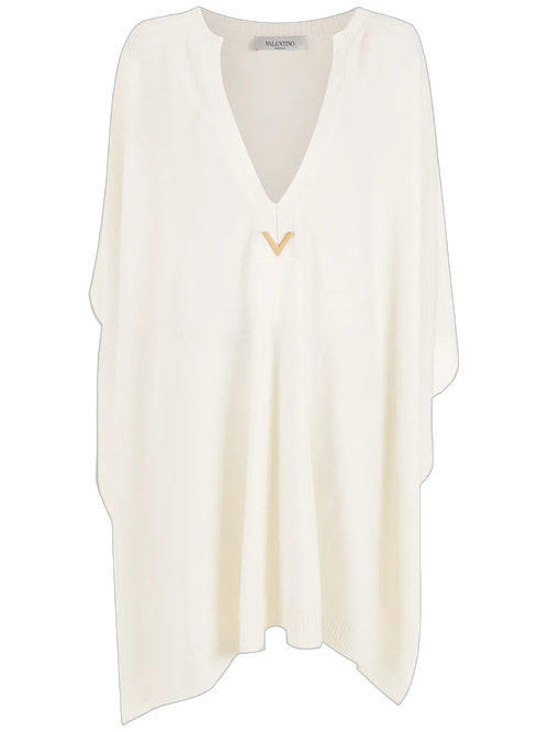 Logo-Plaque Cashmere Poncho — White