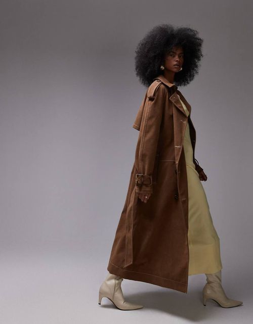 Topshop longline oversized faux suede trench coat in contrast stitch brown