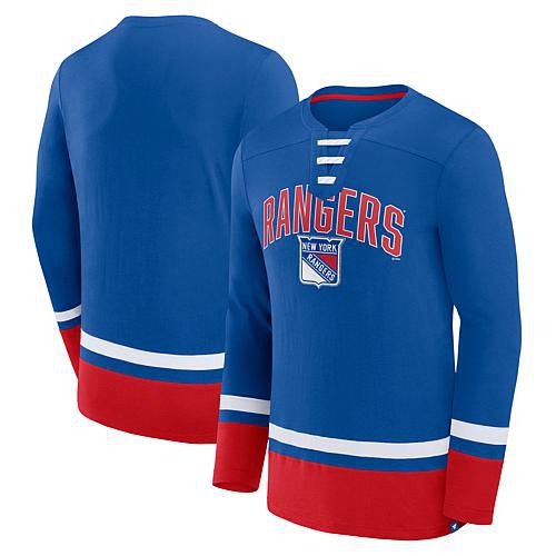 Men's Fanatics Blue New York Rangers Back Pass Lace-Up Long Sleeve T-Shirt - Size Small