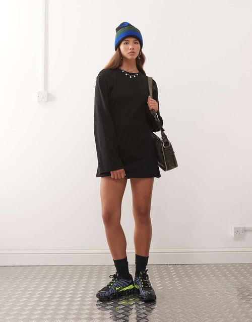 Cinched waist long sleeve mini t-shirt dress in black
