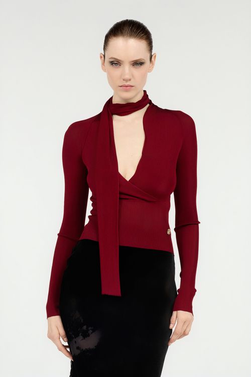 Dark Red Wrap-over Sweater