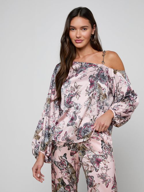 Asami Chain One-Shoulder Blouse Top In Light Nectar Pink Small Multi Butterfly Jungle