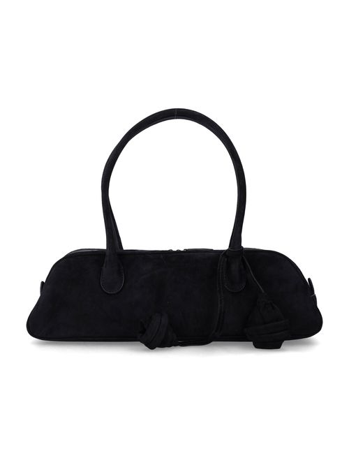 Brigitte Trapeze Handbag in Suede Leather with Removable Flower Charm, Double Top Handles, Zip Closure (10cm x 35cm x 8cm)
