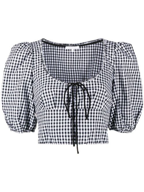 Balloon-sleeve gingham-print crop top - Black