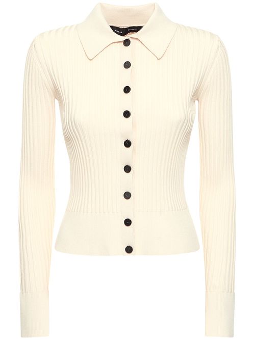 Ribbed Knit Viscose Blend Polo Cardigan