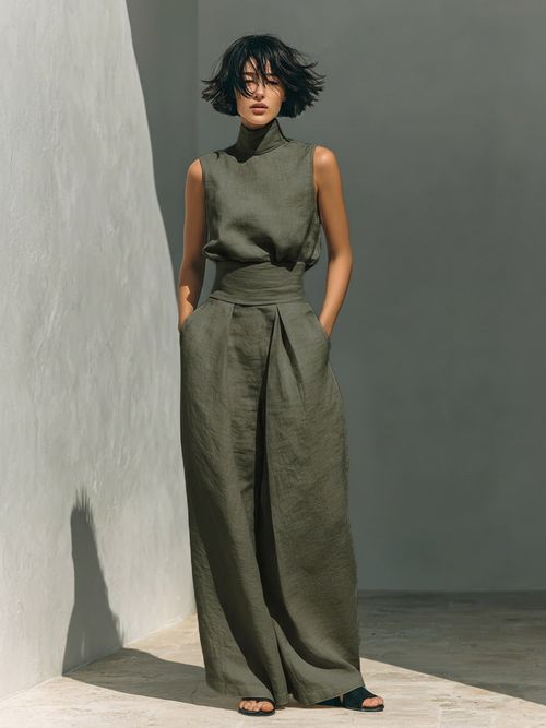 Women’s Cotton Linen Two-Piece Set – Sleeveless Top & Wide-Leg Pants