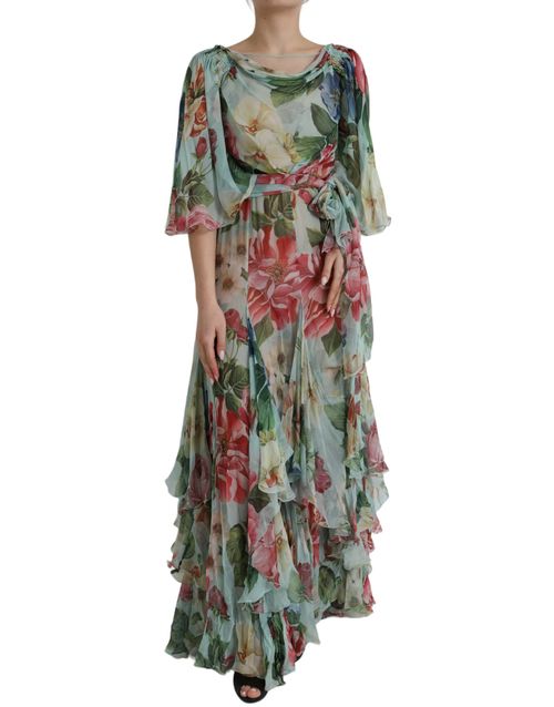 Floral Print Tiered Silk Dress — Blue