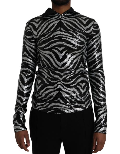 Sequined Zebra-Stripe Sweater — Black
