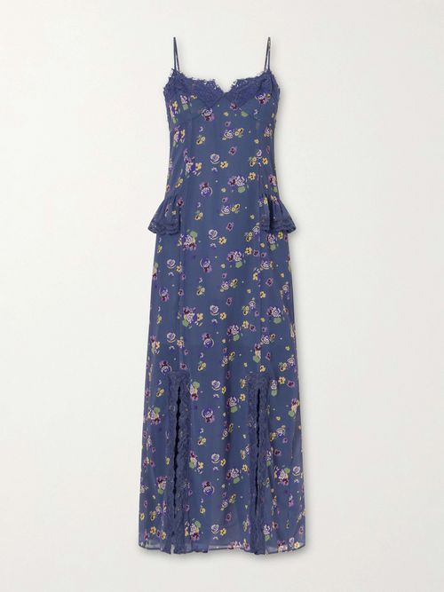 Night Blooming Floral-print Lace-trimmed Chiffon Midi Dress - Blue