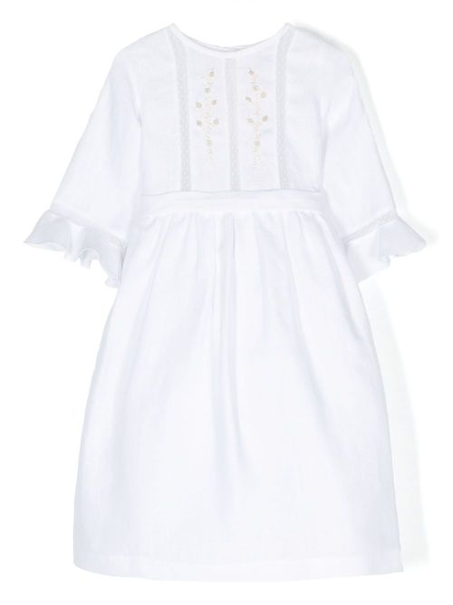Floral-embroidery linen dress - White
