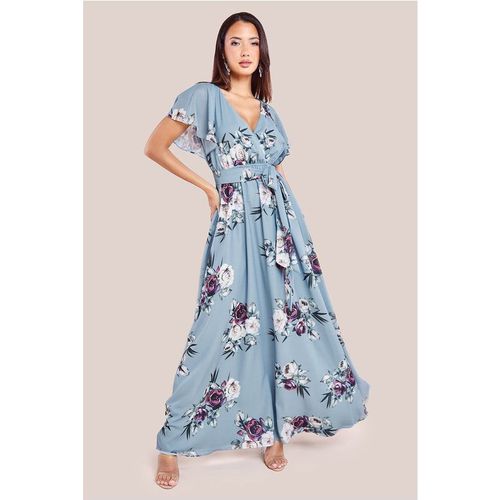 Goddiva Sustainable Printed Flutter Sleeve Maxi Dress - Airforce Blue