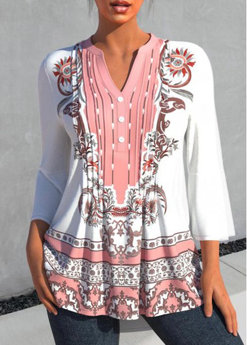 Modlily Tribal Print White Split Neck 3/4 Sleeve Blouse