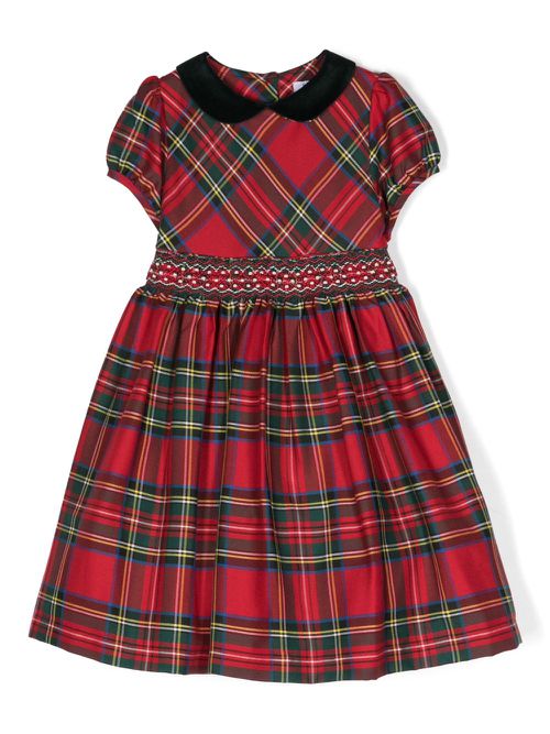 Tartan-check embroidered-waist midi dress