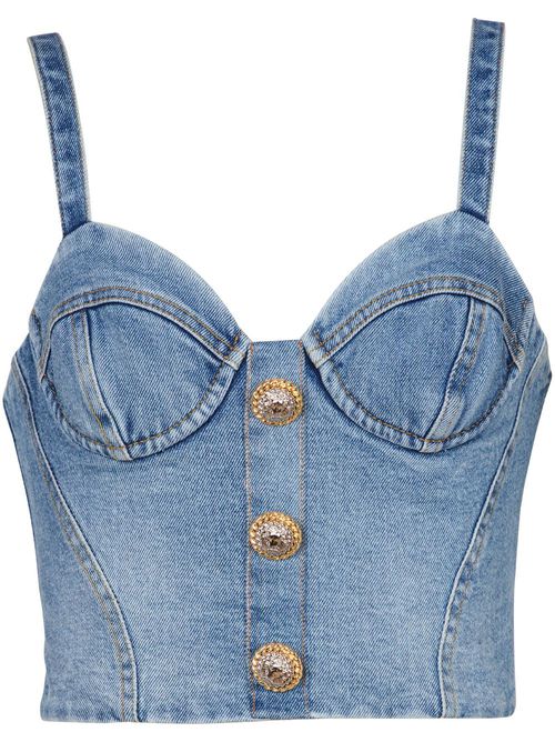 Buttonned denim crop top - Blue