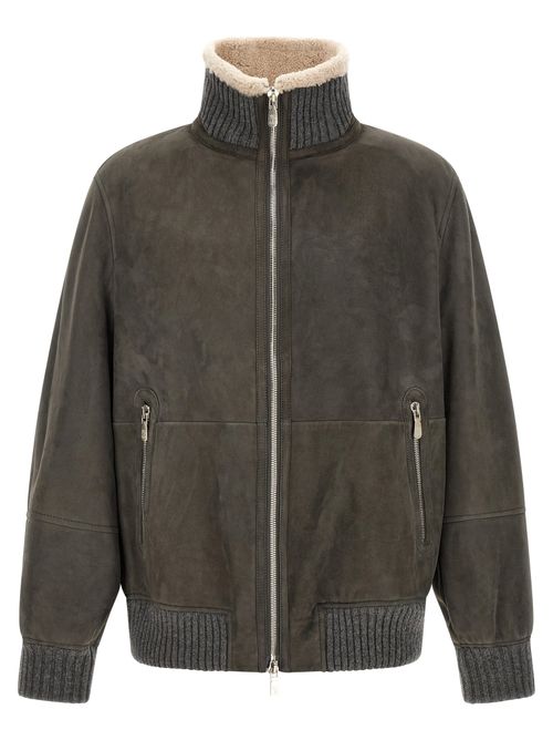 Shearling-Lined Lambskin Jacket — gray