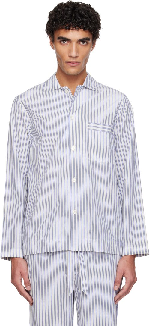 Blue & White Poplin Long-Sleeved Pyjama Shirt