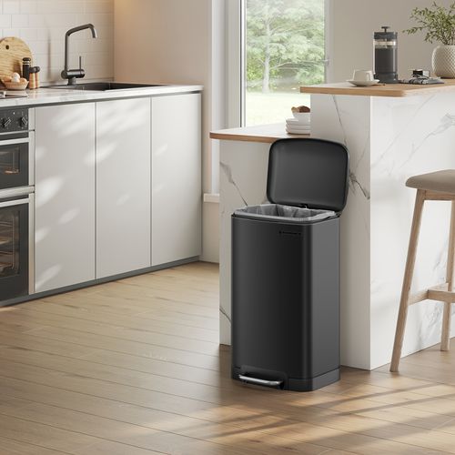 TEMU 8 Gallon 30l Steel Kitchen Trash Can With Pedal, Lid & Inner Bucket - Modern Rectangular Design For Home/office, Durable Metal Bin With