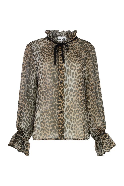 Leopard-print Tie-neck Chiffon Blouse