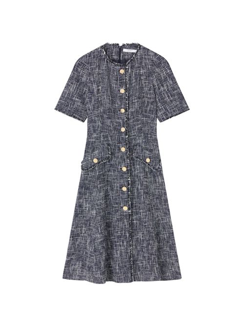 Suzie Indigo & Black & Cream Blend Tweed Button Through Dress in Blue, Cotton, Size 10