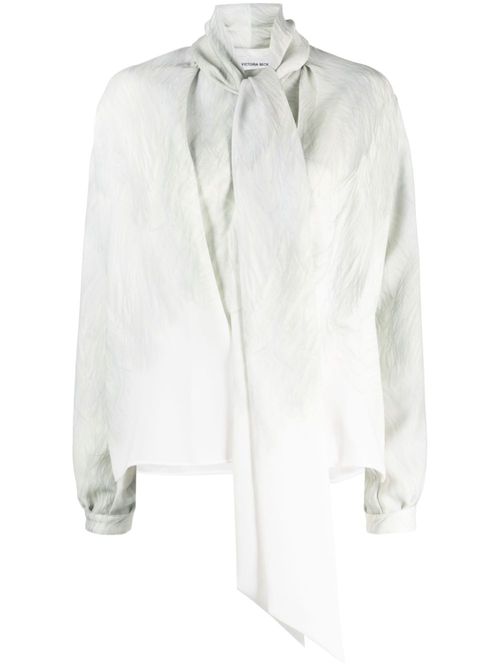 Feather-print bow-collar top - White