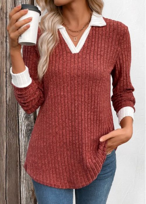 Modlily Brick Red Patchwork Long Sleeve T Shirt