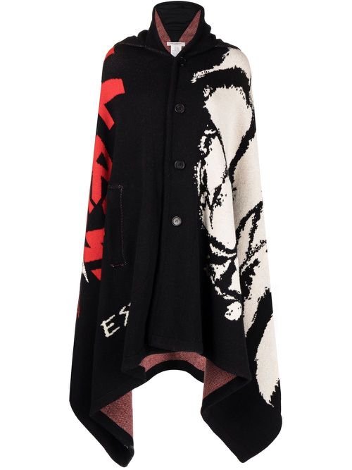 Intarsia-knit hooded cape - Black