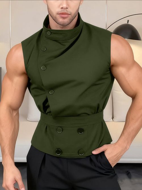 Men's Solid Button Stand Collar Sleeveless Shirt SKUL40117 - Green / S