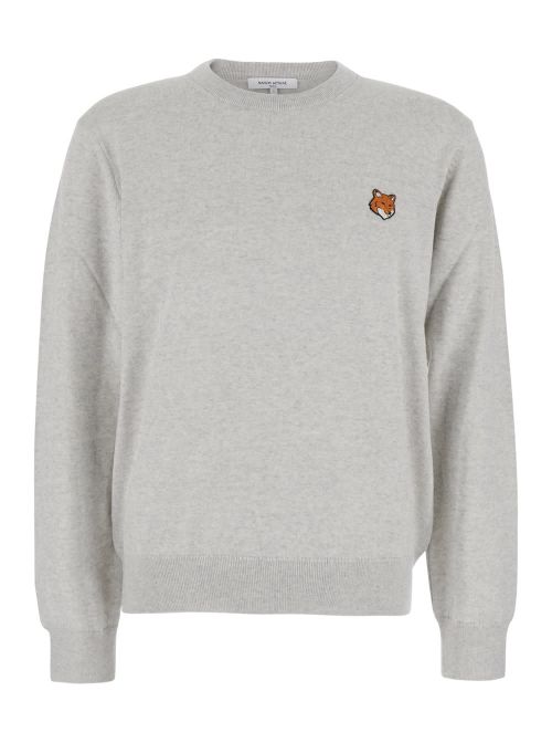 Grey Crew Neck Sweater With Fox Patch On The Front In Wool Man
