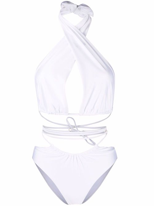 Lattice-strap lurex swimsuit - White
