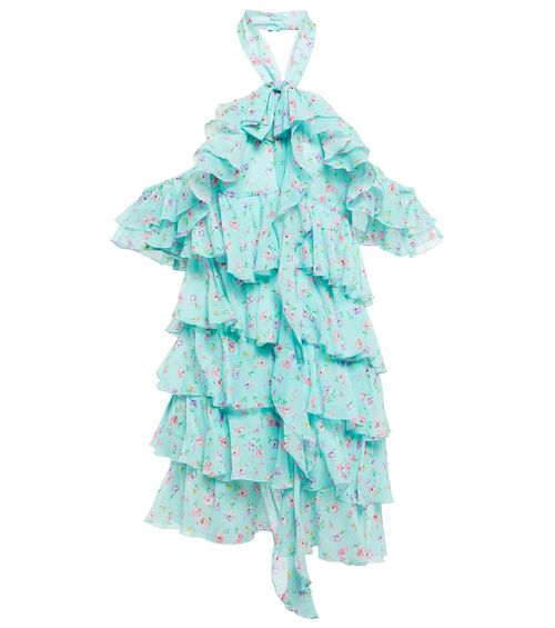Halterneck ruffle-detail silk minidress