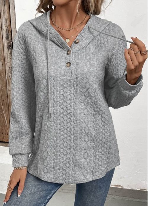 Modlily Grey Jacquard Button Long Sleeve Hoodie