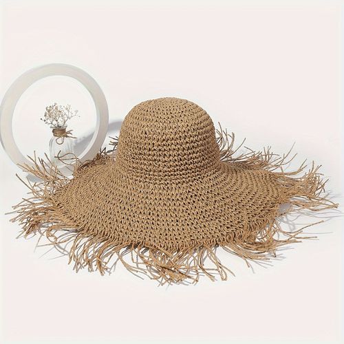 TEMU Women's Handmade Straw Sun Hat With Fringed Edge - Large Brim, Foldable Beach Hat For , Lightweight & Breathable, Black & White Floral Pattern