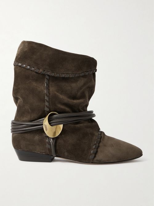Sellen Embellished Whipstitched Leather-trimmed Suede Ankle Boots - Brown