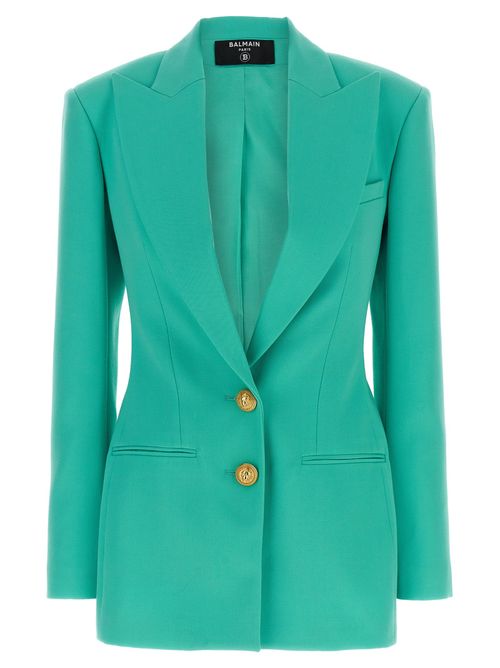 Logo-Button Double-Breasted Wool Blazer — turquoise