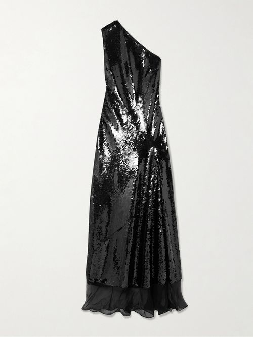 One-shoulder Chiffon-trimmed Sequined Tulle Gown - Black