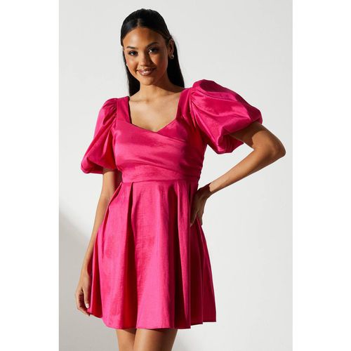 Puff Sleeve Full Skirted Mini Dress with Tie Back - Pink