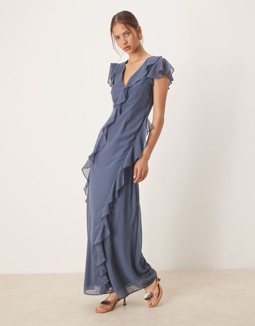 Waterfall ruffle maxi dress in vintage indigo-Blue