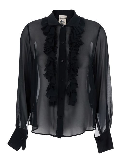 Black Blouse With Classic Collar And Ruched Detail On The Front In Silk Blend Woman