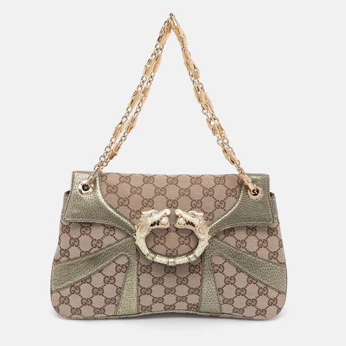 Gucci Tom Ford Dragon Limited Edition Green/Beige GG Canvas and Leather Trim Shoulder Bag