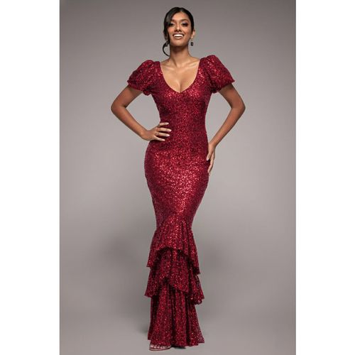 Goddiva Puff Sleeve Tiered Hem Maxi Dress - Wine